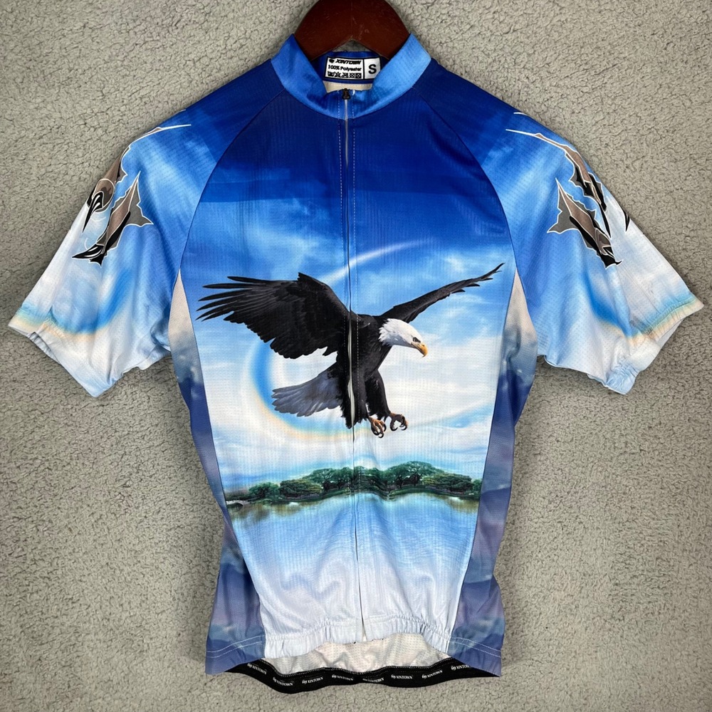 XINTOWN Bald Eagle Graphic Cycling Jersey Mens Small Blue Full Zip Short Sleeve